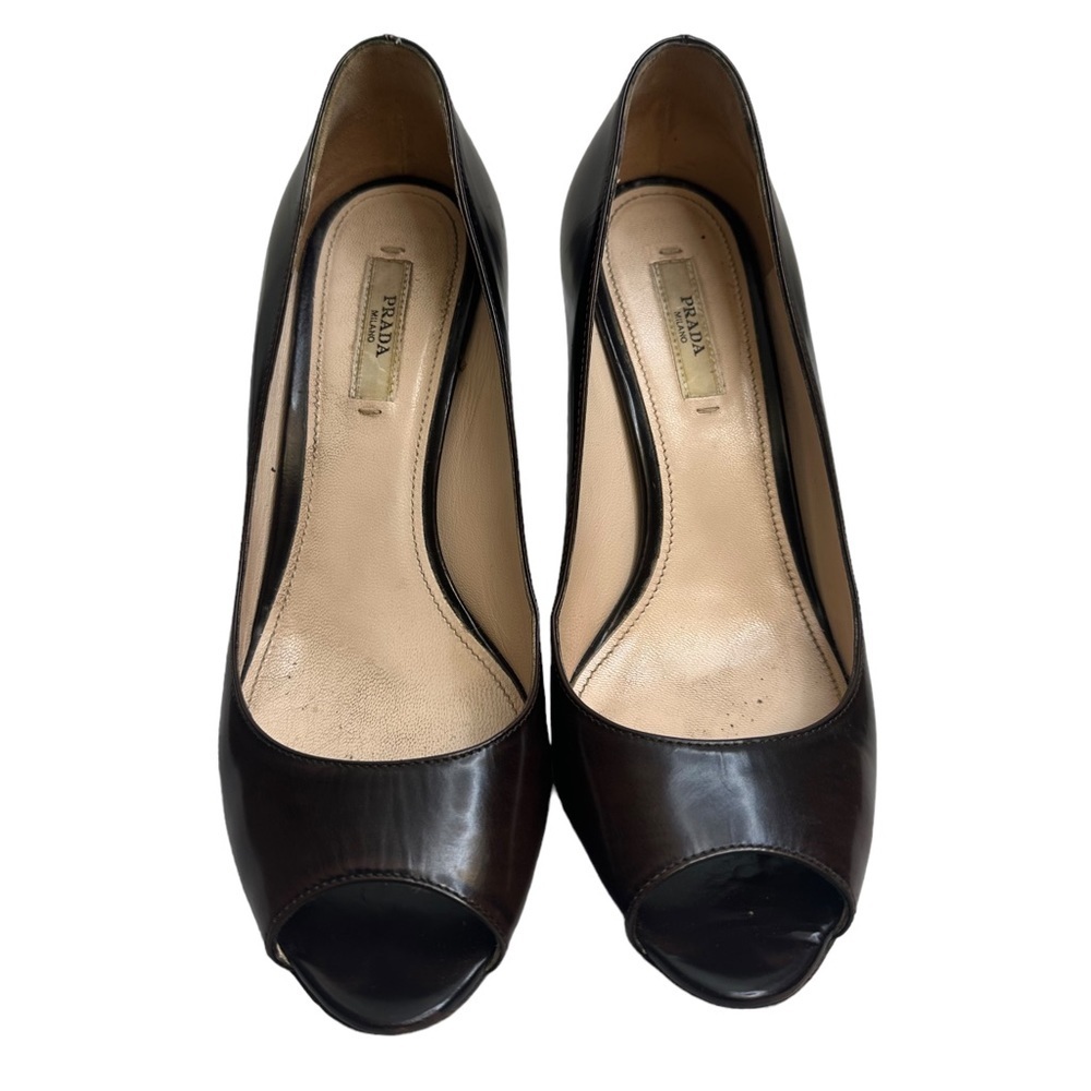 Prada Spazzolato Fume Brown Platform Pumps Peep Toe Rare Sz US 37 EUC $550 - Picture 13 of 16